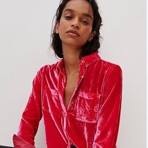 Anthropologie Red Velvet Button-Up Top
